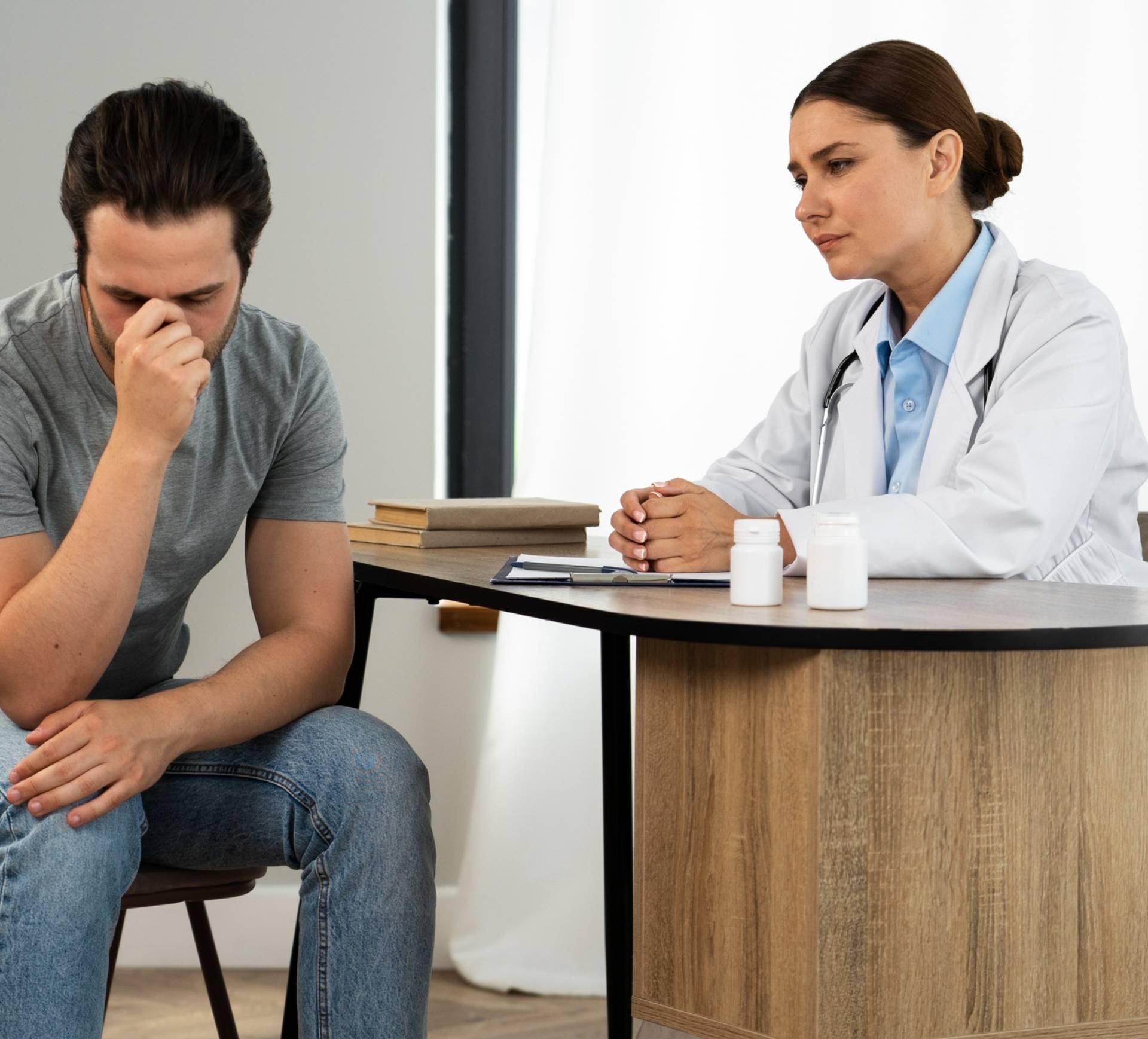 A patient and doctor sitting at a table during a consultation.